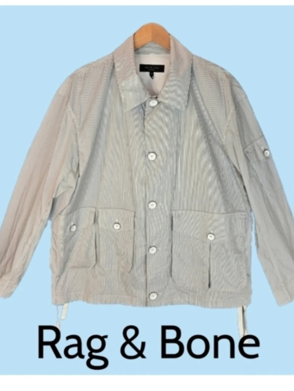 Rage & Bone Cade Mens Poplin Lightweight Jacket Sz L Light Blue & White Stripes